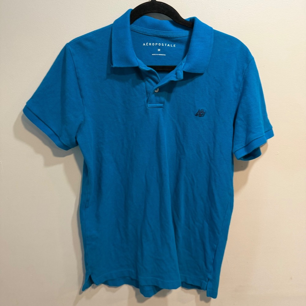 Aeropostale Mens Medium Blue A87 Logo Short Sleeve Pique Cotton Polo‎ Shirt